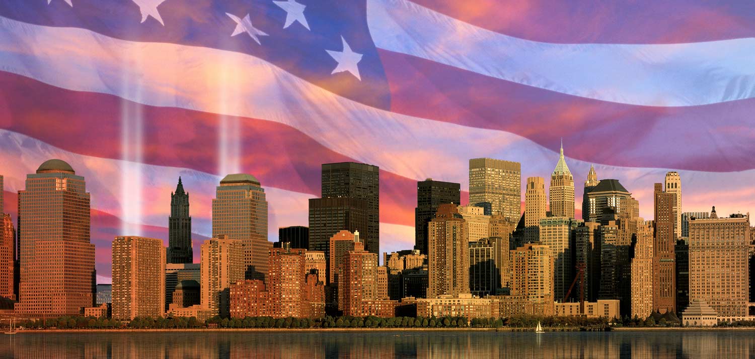 New York City skyline at sunset with a large translucent American flag overlay